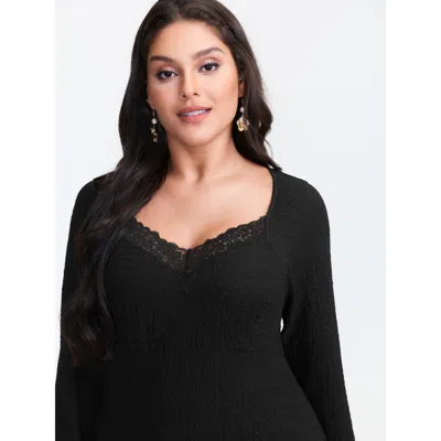 Bloomchic Women's Plus Size Stretchy Textured Lace Trim Fitted Knit Top Black Long Sleeve Elegant Sweetheart N