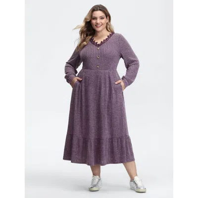 Bloomchic Women's Plus Size Stretchy Textured Lace Trim Midi Dress Mauve Synthetic Texture Midi Casual Texture In Purple