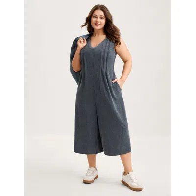 Bloomchic Women's Plus Size Stretchy Textured Pleated Wide-leg Jumpsuit Stone Casual 10/m In Gray