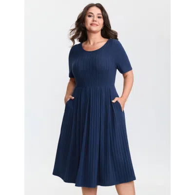 Bloomchic Women's Plus Size Stretchy Textured Round Neck Mini Dress Indigo Knee Casual Texture 18-20/2x In Purple