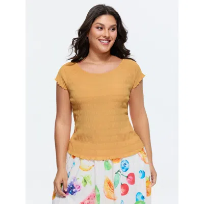 Bloomchic Women's Plus Size Stretchy Textured Ruffled Hem T-shirt Turmeric Solid Casual Short Sleeve U-neck 10 In Yellow
