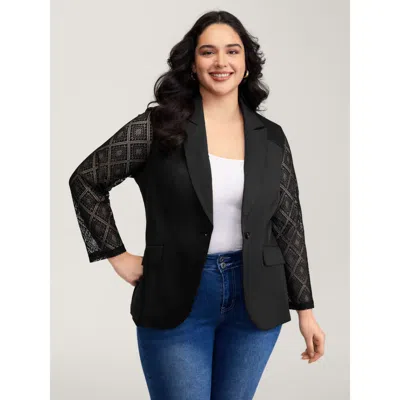 Bloomchic Women's Plus Size Stretchy Textured Sheer Sleeve Contrast Blazer Black See Through Sleeve Extra Long