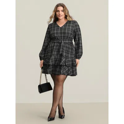 Bloomchic Women's Plus Size Stretchy Textured Tiered Mini Dress Black Plaid Tunic Office Texture 10/m
