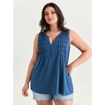 Bloomchic Women's Plus Size Stretchy Toothpick Pleats Plain Tank Top Mediumblue Casual A-line V-notch Neck 10/
