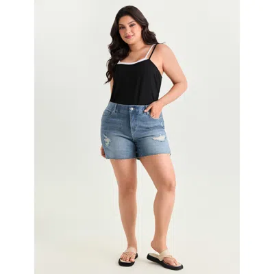 Bloomchic Women's Plus Size Stretchy Tummy-control Mesh Denim Shorts Midblue Casual 10/m