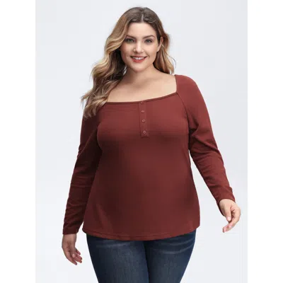 Bloomchic Women's Plus Size Stretchy Velvety Feel Back Detail T-shirt Rust Non Casual Long Sleeve 10/m In Brown