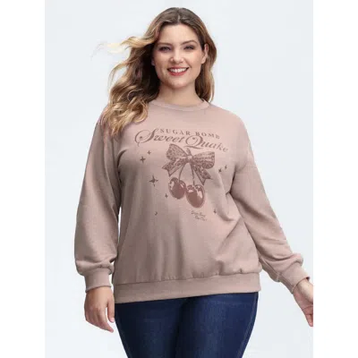 Bloomchic Women's Plus Size Stretchy Vintage Cherry Print Loose Fit Sweatshirt Lightbrown Fruit Casual 18-20/2 In Brown