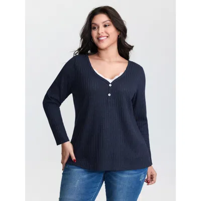 Bloomchic Women's Plus Size Stretchy V-neck Curvy-fit T-shirt Darkblue Solid Casual Long Sleeve V-neck 18-20/2 In Blue