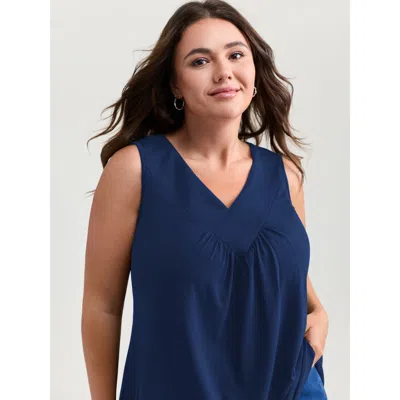 Bloomchic Women's Plus Size Stretchy V-neck Pleated Tank Top Darkblue Casual A-line 10/m In Blue