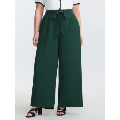 Bloomchic Women's Plus Size Stretchy Waist Belted Wide-leg Pants Darkgreen Non H-line High Rise Elegant 12/l In Green