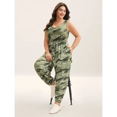 Bloomchic Women's Plus Size Stretchy Waist Camouflage Print Pockets Jumpsuit Sage Casual Relaxed Fit 10/m In Green