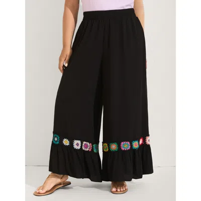 Bloomchic Women's Plus Size Stretchy Waist Crochet Floral Wide-leg Pants Black Graphic Wide Leg Mid Rise Vacat