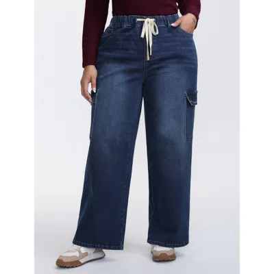 Bloomchic Women's Plus Size Stretchy Waist Drawstring Wide-leg Jeans Midblue Wide Leg Medium Stretch 12/l