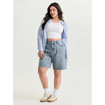 Bloomchic Women's Plus Size Stretchy Waist Faded Bermuda Denim Shorts Midblue Non High Rise Casual 10/m