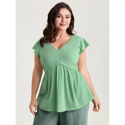 Bloomchic Women's Plus Size Stretchy Waist Pleated Flutter Sleeve T-shirt Mint Non Elegant Cap Sleeve 10/m In Green