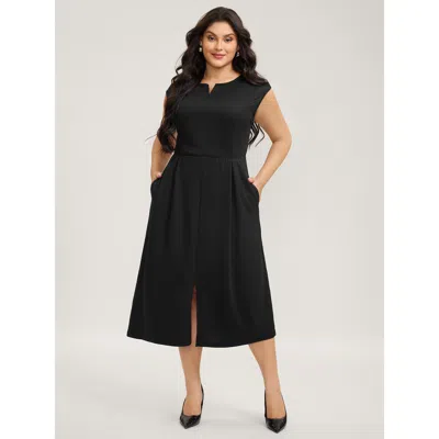 Bloomchic Women's Plus Size Stretchy Waist Pleated Midi Dress Black Solid Midi Office Non 10/m