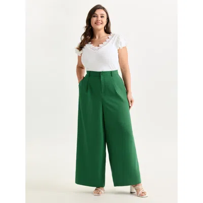 Bloomchic Women's Plus Size Stretchy Waist Pleated Straight-leg Pants Emerald Solid Wide Leg Mid Rise Elegant  In Green