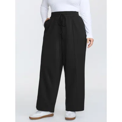 Bloomchic Women's Plus Size Stretchy Waist Pockets Drawstring Pants Black Solid Straight Fit High Rise Casual 