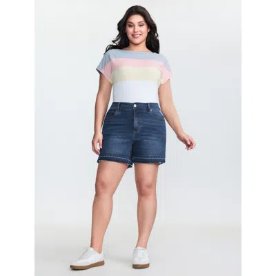 Bloomchic Women's Plus Size Stretchy Waist Ripped Hem Denim Shorts Darkindigo Colorblock High Rise High Stretc In Purple