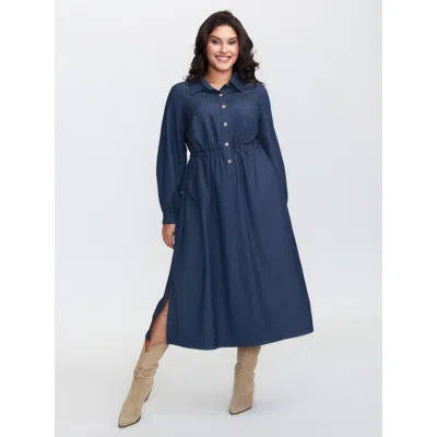Bloomchic Women's Plus Size Stretchy Waist Slit Denim-like Midi Dress Darkblue Non Midi Casual Button 12/l In Blue
