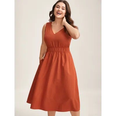Bloomchic Women's Plus Size Stretchy Waist Solid Pockets Midi Dress Rust Solid Midi Casual Wide Waistband 30/6 In Brown