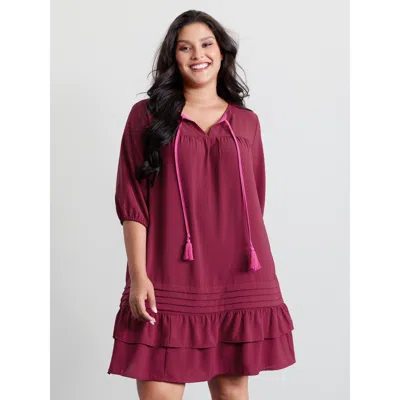 Bloomchic Women's Plus Size Stretchy Waist Tiered Tie Knee-length Dress Burgundy Solid Mini Casual Ruched 12/l