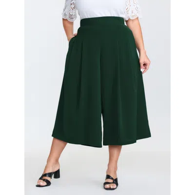 Bloomchic Women's Plus Size Stretchy Waist Wide-leg Pants Darkgreen Non A-line Mid Rise Elegant 10/m In Green