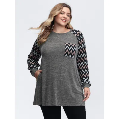 Bloomchic Women's Plus Size Stretchy Wavy Pattern Contrast T-shirt Dimgray Non Casual Extra Long Sleeve 12/l