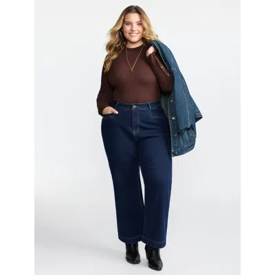 Bloomchic Women's Plus Size Stretchy Wide-leg Pocket Jeans Denimindigo Patchwork Wide Leg Medium Stretch 10/m
