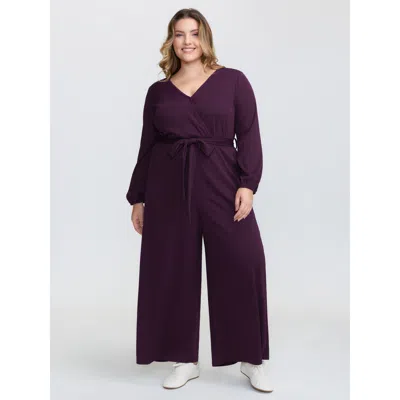 Bloomchic Women's Plus Size Stretchy Wrap Neckline Adjustable Belt Jumpsuit Deeppurple Casual 10/m