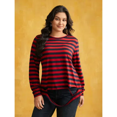 Bloomchic Women's Plus Size Striking Striped Relaxed Fit T-shirt Brightred Stripes Casual Extra Long Sleeve 10
