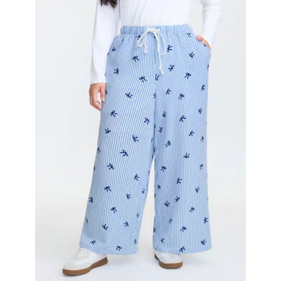 Bloomchic Women's Plus Size Stripe Bowknot Print Pockets Pants Lightblue Stripes Straight Fit Mid Rise Casual  In Blue