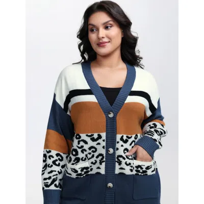 Bloomchic Women's Plus Size Stripe Color Block Leopard Knit Cardigan Aegean Long Sleeve 30/6x In Blue