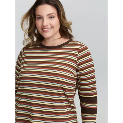 Bloomchic Women's Plus Size Stripe Color Contrast Round Neck T-shirt Multicolor Stripes Casual Long Sleeve 12/