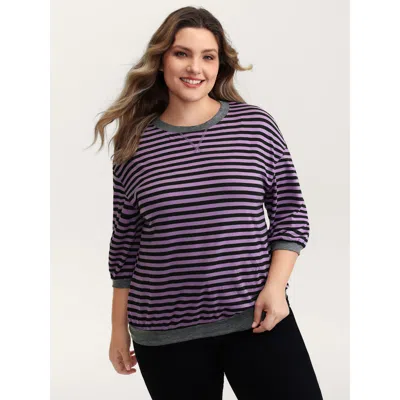 Bloomchic Women's Plus Size Stripe Color Contrast Stretchy T-shirt Black Stripes Casual Half Sleeve 10/m