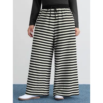 Bloomchic Women's Plus Size Stripe Drawstring Waist Straight-leg Pants Black Stripes Wide Leg Mid Rise Casual 
