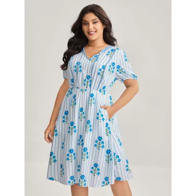 Bloomchic Women's Plus Size Stripe Floral Notched Neck Tie Midi Dress Skyblue Stripes Knee Casual 10/m In Blue