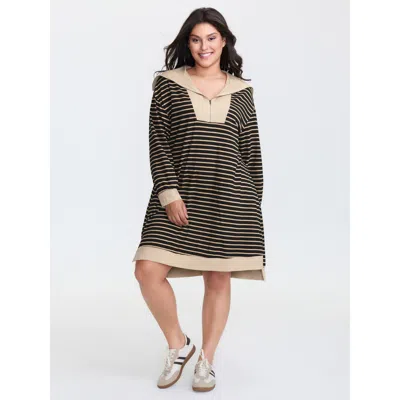 Bloomchic Women's Plus Size Stripe Folded Collar Half Zipper Midi Dress Black Stripes Short Casual Colorblock 