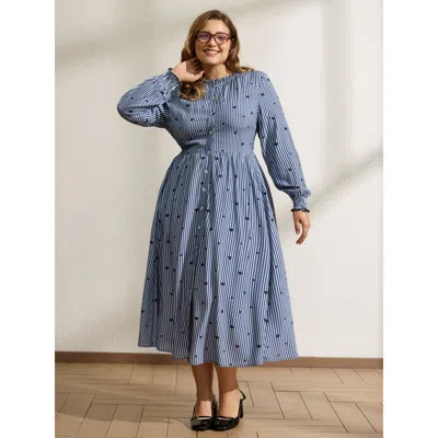 Bloomchic Women's Plus Size Stripe Hearts Pocket Shirt Maxi Dress Indigo Stripes Maxi Casual Shirred 12/l In Purple