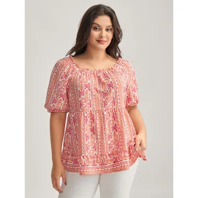 Bloomchic Women's Plus Size Stripe Paisley Print Ruffled Neck Blouse Whitesmoke Paisley Elegant Short Sleeve 1
