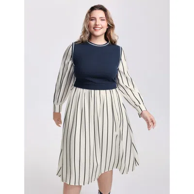 Bloomchic Women's Plus Size Stripe Pockets Color Contrast Midi Dress Navy Stripes Midi Casual 18-20/2x In Blue