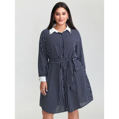 Bloomchic Women's Plus Size Stripe Print Belted Metal Detail Midi Dress Darkblue Stripes Knee Office 10/m In Blue