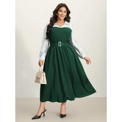 Bloomchic Women's Plus Size Stripe Print Belted Pockets Maxi Dress Darkgreen Stripes Maxi Office Patchwork 10/ In Green