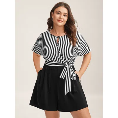 Bloomchic Women's Plus Size Stripe Print Belted Pockets Romper Black Not Graphics Office Low Stretch 30/6x