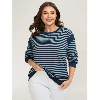 Bloomchic Women's Plus Size Stripe Print Color Contrast Sweatshirt Indigo Not Graphics Casual Round Neck 10/m In Purple