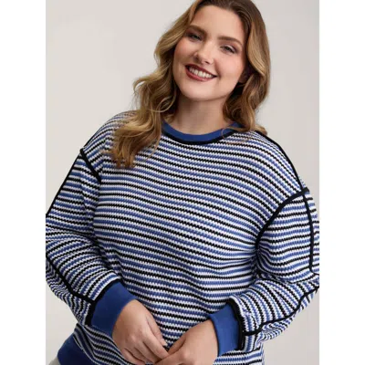 Bloomchic Women's Plus Size Stripe Print Contrast Edge Drop Shoulder Sweatshirt Mediumblue Casual 10/m