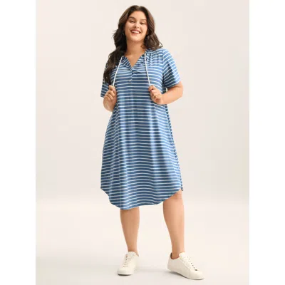 Bloomchic Women's Plus Size Stripe Print Curvy Hem Hooded Mini Dress Stone Stripes Midi Casual Ruched 10/m In Gray