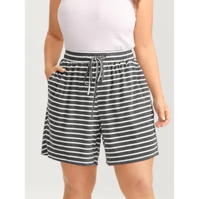 Bloomchic Women's Plus Size Stripe Print Drawstring Straight-leg Shorts Mediumgray Casual Wide Leg Lace-up Sho