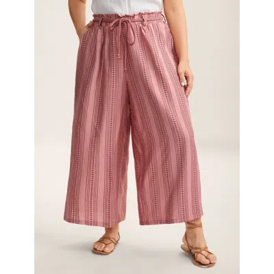 Bloomchic Women's Plus Size Stripe Print Drawstring Wide-leg Pants Rouge Stripes Wide Leg Mid Rise Vacation 10 In Red
