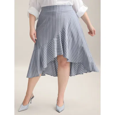 Bloomchic Women's Plus Size Stripe Print High-low Hem Midi Skirt Slategray Asymmetrical Flared Office 12/l In Gray
